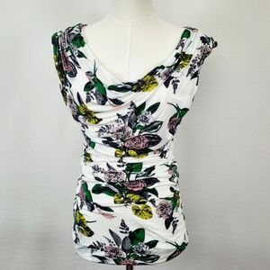H&M White Floral Ruched Tank Top Medium Fully Lined